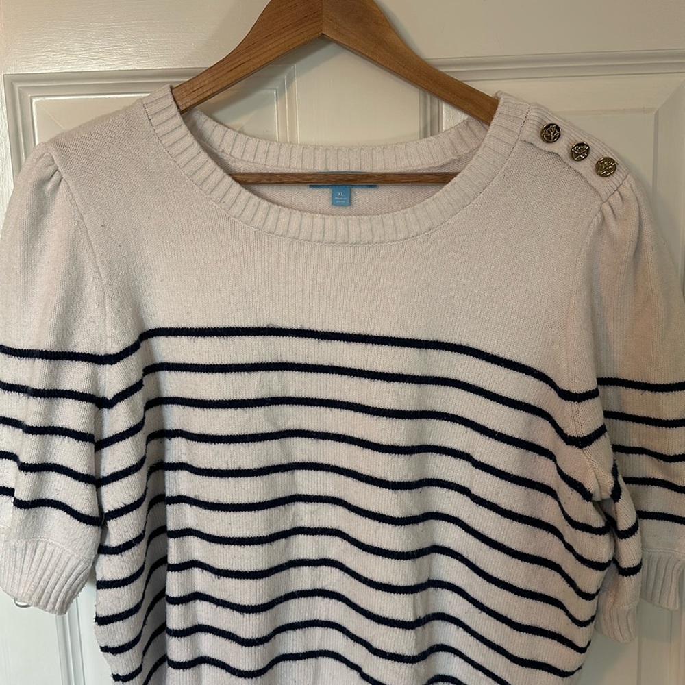 Draper James White Sweater with Navy Stripes and Accent Buttons